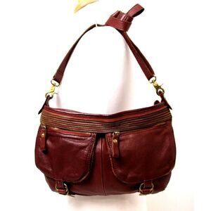 TANO BROWN GENUINE LEATHER MULTI ZIP DECOR X-BODY SHOULDER BAG PURSE HANDBAG